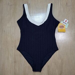 Bench/Body One-Piece Swimsuit Navy Textured High Neck Cutout Back Size XL NWT
